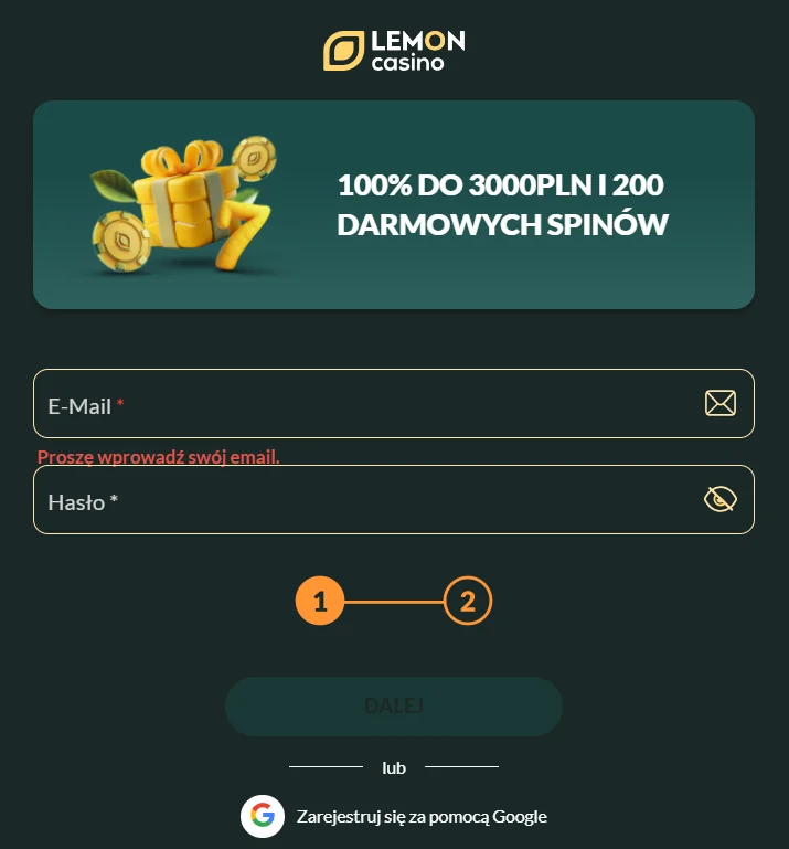 Formularz rejestracji Lemon Casino login